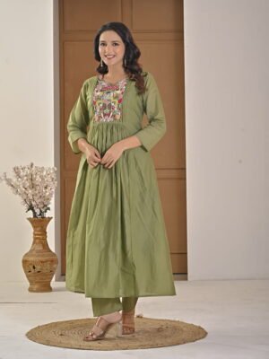 Saga Green Mul Chanderi A-Line Suit Set ethnic wear for women, festive ethnic wear, festive suit set, lightweight silk blend suit, silk blend suit set, silk kurta set, women’s silk suit 