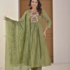 Saga Green Mul Chanderi A-Line Suit Set ethnic wear for women, festive ethnic wear, festive suit set, lightweight silk blend suit, silk blend suit set, silk kurta set, women’s silk suit 