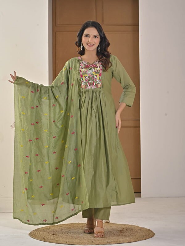 Saga Green Mul Chanderi A-Line Suit Set ethnic wear for women, festive ethnic wear, festive suit set, lightweight silk blend suit, silk blend suit set, silk kurta set, women’s silk suit 