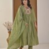 Saga Green Mul Chanderi A-Line Suit Set ethnic wear for women, festive ethnic wear, festive suit set, lightweight silk blend suit, silk blend suit set, silk kurta set, women’s silk suit 