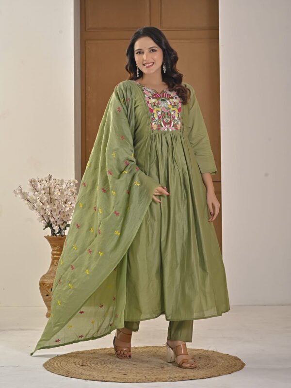 Saga Green Mul Chanderi A-Line Suit Set ethnic wear for women, festive ethnic wear, festive suit set, lightweight silk blend suit, silk blend suit set, silk kurta set, women’s silk suit 