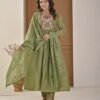 Saga Green Mul Chanderi A-Line Suit Set ethnic wear for women, festive ethnic wear, festive suit set, lightweight silk blend suit, silk blend suit set, silk kurta set, women’s silk suit 