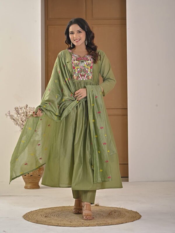 Saga Green Mul Chanderi A-Line Suit Set ethnic wear for women, festive ethnic wear, festive suit set, lightweight silk blend suit, silk blend suit set, silk kurta set, women’s silk suit 