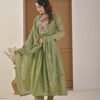 Saga Green Mul Chanderi A-Line Suit Set ethnic wear for women, festive ethnic wear, festive suit set, lightweight silk blend suit, silk blend suit set, silk kurta set, women’s silk suit 