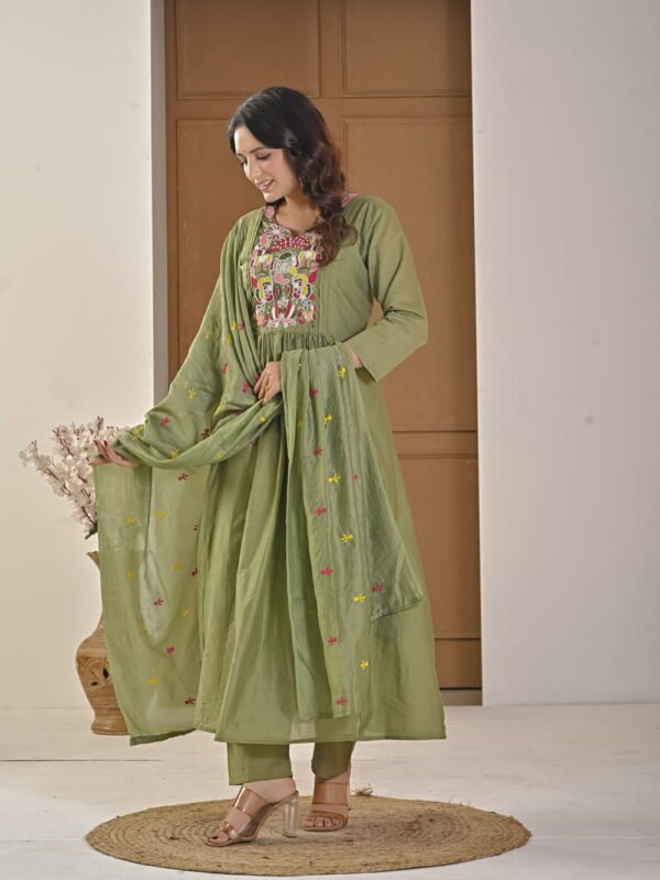 Saga Green Mul Chanderi A-Line Suit Set ethnic wear for women, festive ethnic wear, festive suit set, lightweight silk blend suit, silk blend suit set, silk kurta set, women’s silk suit 