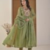 Saga Green Mul Chanderi A-Line Suit Set ethnic wear for women, festive ethnic wear, festive suit set, lightweight silk blend suit, silk blend suit set, silk kurta set, women’s silk suit 