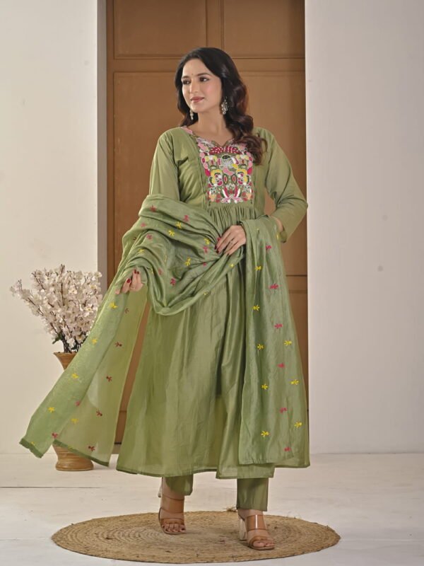 Saga Green Mul Chanderi A-Line Suit Set ethnic wear for women, festive ethnic wear, festive suit set, lightweight silk blend suit, silk blend suit set, silk kurta set, women’s silk suit 