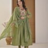 Saga Green Mul Chanderi A-Line Suit Set ethnic wear for women, festive ethnic wear, festive suit set, lightweight silk blend suit, silk blend suit set, silk kurta set, women’s silk suit 