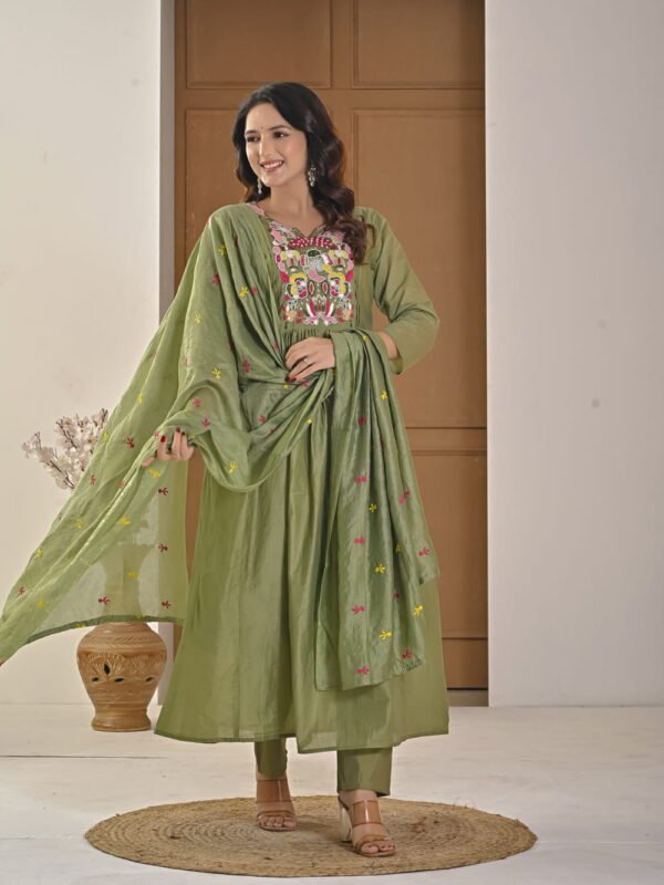 Saga Green Mul Chanderi A-Line Suit Set ethnic wear for women, festive ethnic wear, festive suit set, lightweight silk blend suit, silk blend suit set, silk kurta set, women’s silk suit 