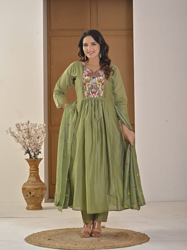 Saga Green Mul Chanderi A-Line Suit Set ethnic wear for women, festive ethnic wear, festive suit set, lightweight silk blend suit, silk blend suit set, silk kurta set, women’s silk suit 