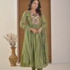 Saga Green Mul Chanderi A-Line Suit Set ethnic wear for women, festive ethnic wear, festive suit set, lightweight silk blend suit, silk blend suit set, silk kurta set, women’s silk suit 