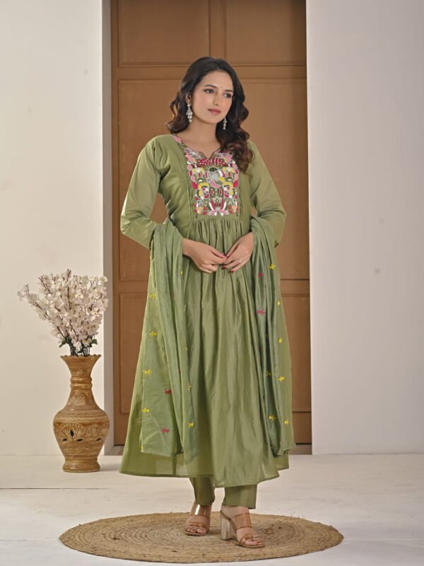 Saga Green Mul Chanderi A-Line Suit Set ethnic wear for women, festive ethnic wear, festive suit set, lightweight silk blend suit, silk blend suit set, silk kurta set, women’s silk suit 