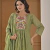 Saga Green Mul Chanderi A-Line Suit Set ethnic wear for women, festive ethnic wear, festive suit set, lightweight silk blend suit, silk blend suit set, silk kurta set, women’s silk suit 