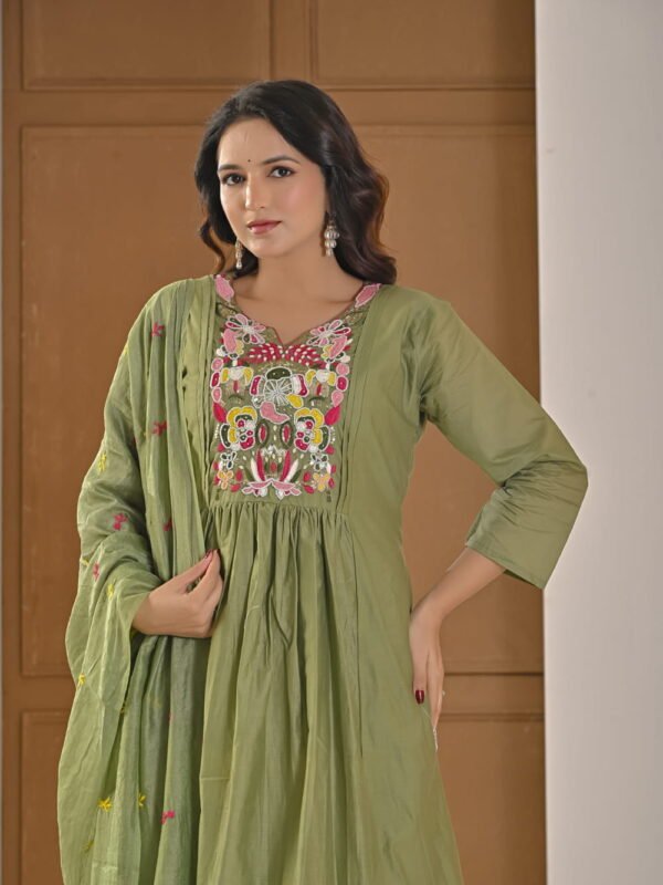 Saga Green Mul Chanderi A-Line Suit Set ethnic wear for women, festive ethnic wear, festive suit set, lightweight silk blend suit, silk blend suit set, silk kurta set, women’s silk suit 