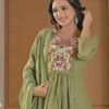 Saga Green Mul Chanderi A-Line Suit Set ethnic wear for women, festive ethnic wear, festive suit set, lightweight silk blend suit, silk blend suit set, silk kurta set, women’s silk suit 