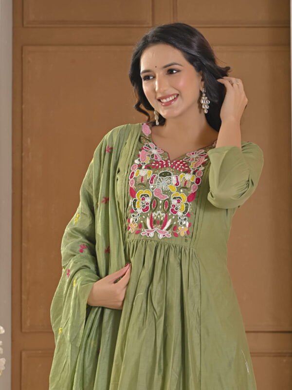 Saga Green Mul Chanderi A-Line Suit Set ethnic wear for women, festive ethnic wear, festive suit set, lightweight silk blend suit, silk blend suit set, silk kurta set, women’s silk suit 