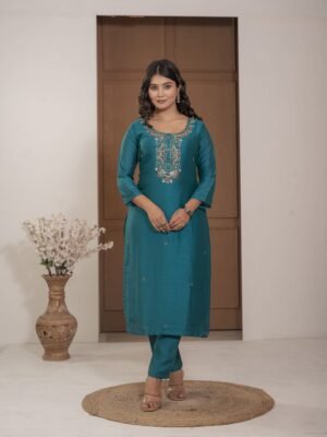 Teal Blue Chinnon Embroidered Kurta Pant Set with Dupatta ethnic wear for women, festive ethnic wear, festive suit set, lightweight silk blend suit, silk blend suit set, silk kurta set, women’s silk suit 