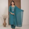 Teal Blue Chinnon Embroidered Kurta Pant Set with Dupatta ethnic wear for women, festive ethnic wear, festive suit set, lightweight silk blend suit, silk blend suit set, silk kurta set, women’s silk suit Teal Blue Chinnon Embroidered Kurta Pant Set with Dupatta ethnic wear for women, festive ethnic wear, festive suit set, lightweight silk blend suit, silk blend suit set, silk kurta set, women’s silk suit