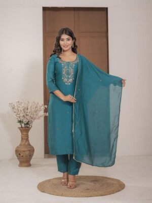 Teal Blue Chinnon Embroidered Kurta Pant Set with Dupatta