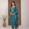 Teal Blue Chinnon Embroidered Kurta Pant Set with Dupatta ethnic wear for women, festive ethnic wear, festive suit set, lightweight silk blend suit, silk blend suit set, silk kurta set, women’s silk suit Teal Blue Chinnon Embroidered Kurta Pant Set with Dupatta ethnic wear for women, festive ethnic wear, festive suit set, lightweight silk blend suit, silk blend suit set, silk kurta set, women’s silk suit
