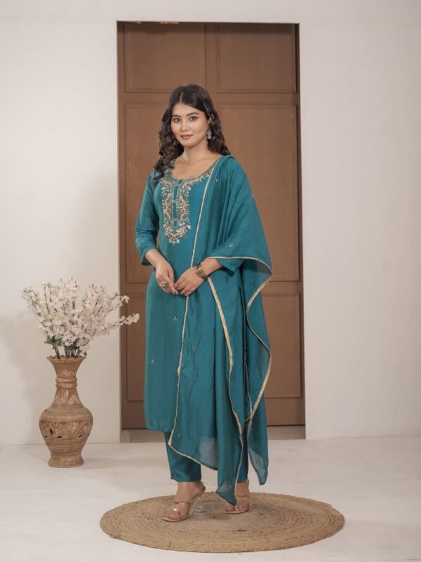 Teal Blue Chinnon Embroidered Kurta Pant Set with Dupatta ethnic wear for women, festive ethnic wear, festive suit set, lightweight silk blend suit, silk blend suit set, silk kurta set, women’s silk suit Teal Blue Chinnon Embroidered Kurta Pant Set with Dupatta ethnic wear for women, festive ethnic wear, festive suit set, lightweight silk blend suit, silk blend suit set, silk kurta set, women’s silk suit