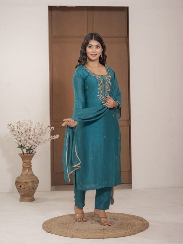 Teal Blue Chinnon Embroidered Kurta Pant Set with Dupatta ethnic wear for women, festive ethnic wear, festive suit set, lightweight silk blend suit, silk blend suit set, silk kurta set, women’s silk suit Teal Blue Chinnon Embroidered Kurta Pant Set with Dupatta ethnic wear for women, festive ethnic wear, festive suit set, lightweight silk blend suit, silk blend suit set, silk kurta set, women’s silk suit