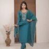 Teal Blue Chinnon Embroidered Kurta Pant Set with Dupatta ethnic wear for women, festive ethnic wear, festive suit set, lightweight silk blend suit, silk blend suit set, silk kurta set, women’s silk suit Teal Blue Chinnon Embroidered Kurta Pant Set with Dupatta ethnic wear for women, festive ethnic wear, festive suit set, lightweight silk blend suit, silk blend suit set, silk kurta set, women’s silk suit