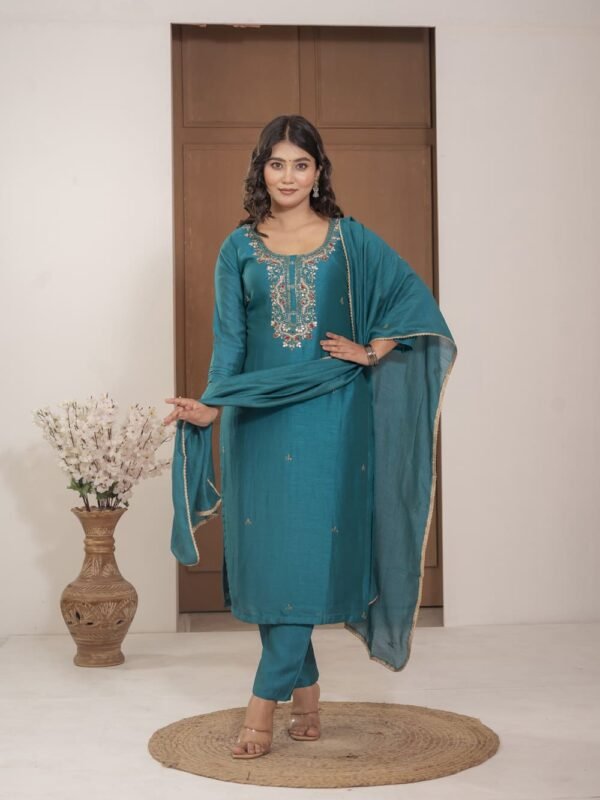 Teal Blue Chinnon Embroidered Kurta Pant Set with Dupatta ethnic wear for women, festive ethnic wear, festive suit set, lightweight silk blend suit, silk blend suit set, silk kurta set, women’s silk suit Teal Blue Chinnon Embroidered Kurta Pant Set with Dupatta ethnic wear for women, festive ethnic wear, festive suit set, lightweight silk blend suit, silk blend suit set, silk kurta set, women’s silk suit