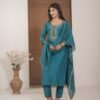 Teal Blue Chinnon Embroidered Kurta Pant Set with Dupatta ethnic wear for women, festive ethnic wear, festive suit set, lightweight silk blend suit, silk blend suit set, silk kurta set, women’s silk suit Teal Blue Chinnon Embroidered Kurta Pant Set with Dupatta ethnic wear for women, festive ethnic wear, festive suit set, lightweight silk blend suit, silk blend suit set, silk kurta set, women’s silk suit