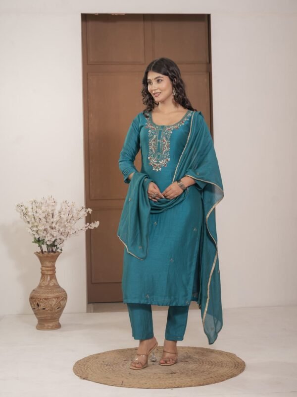 Teal Blue Chinnon Embroidered Kurta Pant Set with Dupatta ethnic wear for women, festive ethnic wear, festive suit set, lightweight silk blend suit, silk blend suit set, silk kurta set, women’s silk suit Teal Blue Chinnon Embroidered Kurta Pant Set with Dupatta ethnic wear for women, festive ethnic wear, festive suit set, lightweight silk blend suit, silk blend suit set, silk kurta set, women’s silk suit
