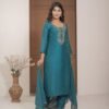 Teal Blue Chinnon Embroidered Kurta Pant Set with Dupatta ethnic wear for women, festive ethnic wear, festive suit set, lightweight silk blend suit, silk blend suit set, silk kurta set, women’s silk suit Teal Blue Chinnon Embroidered Kurta Pant Set with Dupatta ethnic wear for women, festive ethnic wear, festive suit set, lightweight silk blend suit, silk blend suit set, silk kurta set, women’s silk suit