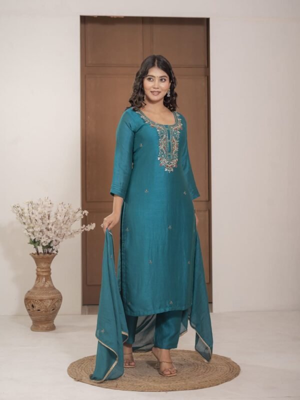 Teal Blue Chinnon Embroidered Kurta Pant Set with Dupatta ethnic wear for women, festive ethnic wear, festive suit set, lightweight silk blend suit, silk blend suit set, silk kurta set, women’s silk suit Teal Blue Chinnon Embroidered Kurta Pant Set with Dupatta ethnic wear for women, festive ethnic wear, festive suit set, lightweight silk blend suit, silk blend suit set, silk kurta set, women’s silk suit