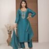 Teal Blue Chinnon Embroidered Kurta Pant Set with Dupatta ethnic wear for women, festive ethnic wear, festive suit set, lightweight silk blend suit, silk blend suit set, silk kurta set, women’s silk suit Teal Blue Chinnon Embroidered Kurta Pant Set with Dupatta ethnic wear for women, festive ethnic wear, festive suit set, lightweight silk blend suit, silk blend suit set, silk kurta set, women’s silk suit