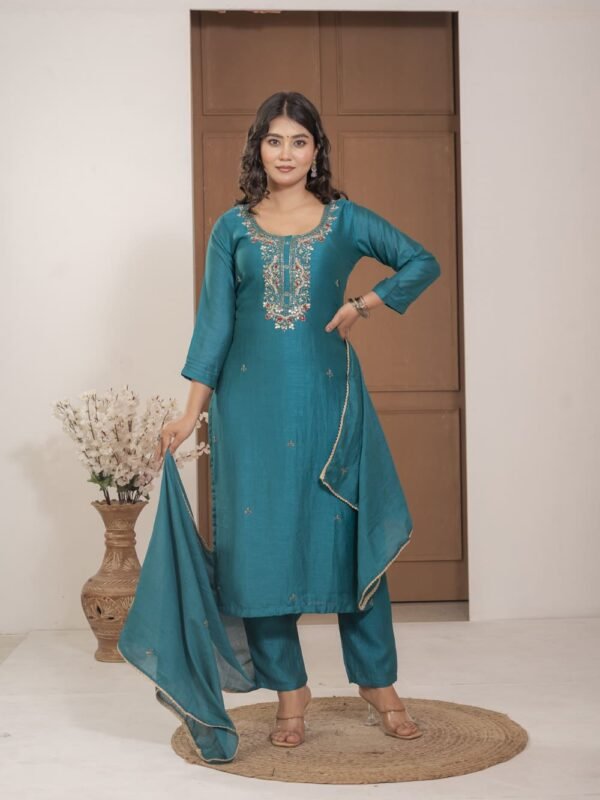 Teal Blue Chinnon Embroidered Kurta Pant Set with Dupatta ethnic wear for women, festive ethnic wear, festive suit set, lightweight silk blend suit, silk blend suit set, silk kurta set, women’s silk suit Teal Blue Chinnon Embroidered Kurta Pant Set with Dupatta ethnic wear for women, festive ethnic wear, festive suit set, lightweight silk blend suit, silk blend suit set, silk kurta set, women’s silk suit