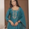 Teal Blue Chinnon Embroidered Kurta Pant Set with Dupatta ethnic wear for women, festive ethnic wear, festive suit set, lightweight silk blend suit, silk blend suit set, silk kurta set, women’s silk suit Teal Blue Chinnon Embroidered Kurta Pant Set with Dupatta ethnic wear for women, festive ethnic wear, festive suit set, lightweight silk blend suit, silk blend suit set, silk kurta set, women’s silk suit