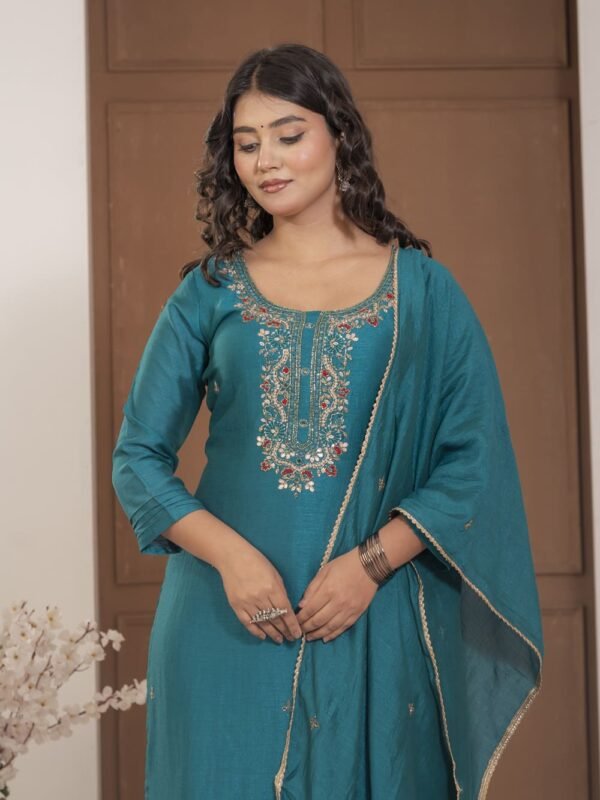 Teal Blue Chinnon Embroidered Kurta Pant Set with Dupatta ethnic wear for women, festive ethnic wear, festive suit set, lightweight silk blend suit, silk blend suit set, silk kurta set, women’s silk suit Teal Blue Chinnon Embroidered Kurta Pant Set with Dupatta ethnic wear for women, festive ethnic wear, festive suit set, lightweight silk blend suit, silk blend suit set, silk kurta set, women’s silk suit