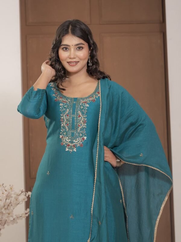 Teal Blue Chinnon Embroidered Kurta Pant Set with Dupatta ethnic wear for women, festive ethnic wear, festive suit set, lightweight silk blend suit, silk blend suit set, silk kurta set, women’s silk suit Teal Blue Chinnon Embroidered Kurta Pant Set with Dupatta ethnic wear for women, festive ethnic wear, festive suit set, lightweight silk blend suit, silk blend suit set, silk kurta set, women’s silk suit