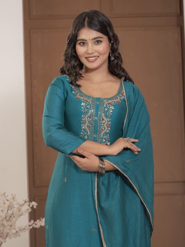 Teal Blue Chinnon Embroidered Kurta Pant Set with Dupatta ethnic wear for women, festive ethnic wear, festive suit set, lightweight silk blend suit, silk blend suit set, silk kurta set, women’s silk suit Teal Blue Chinnon Embroidered Kurta Pant Set with Dupatta ethnic wear for women, festive ethnic wear, festive suit set, lightweight silk blend suit, silk blend suit set, silk kurta set, women’s silk suit