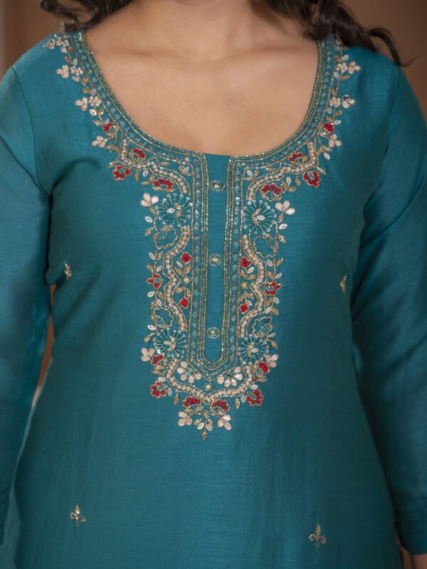 Teal Blue Chinnon Embroidered Kurta Pant Set with Dupatta ethnic wear for women, festive ethnic wear, festive suit set, lightweight silk blend suit, silk blend suit set, silk kurta set, women’s silk suit Teal Blue Chinnon Embroidered Kurta Pant Set with Dupatta ethnic wear for women, festive ethnic wear, festive suit set, lightweight silk blend suit, silk blend suit set, silk kurta set, women’s silk suit