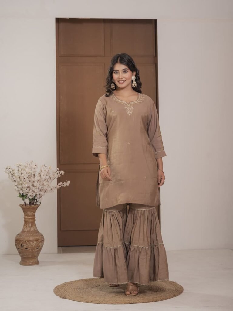 Golden Simar Silk Embroidered Sharara Suit Set ethnic wear for women, festive ethnic wear, festive suit set, lightweight silk blend suit, silk blend suit set, silk kurta set, women’s silk suit 