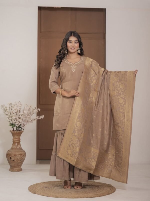 Golden Simar Silk Embroidered Sharara Suit Set ethnic wear for women, festive ethnic wear, festive suit set, lightweight silk blend suit, silk blend suit set, silk kurta set, women’s silk suit Golden Simar Silk Embroidered Sharara Suit Set ethnic wear for women, festive ethnic wear, festive suit set, lightweight silk blend suit, silk blend suit set, silk kurta set, women’s silk suit