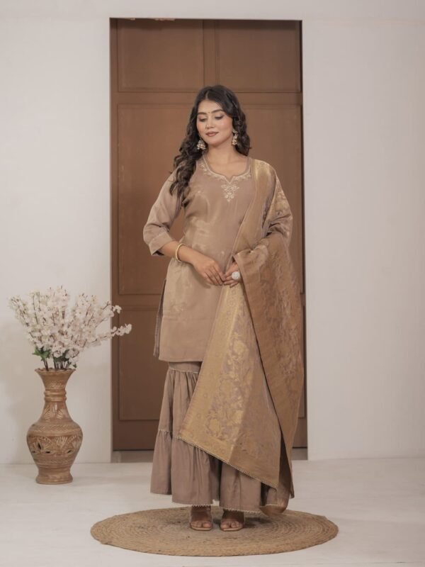 Golden Simar Silk Embroidered Sharara Suit Set ethnic wear for women, festive ethnic wear, festive suit set, lightweight silk blend suit, silk blend suit set, silk kurta set, women’s silk suit Golden Simar Silk Embroidered Sharara Suit Set ethnic wear for women, festive ethnic wear, festive suit set, lightweight silk blend suit, silk blend suit set, silk kurta set, women’s silk suit