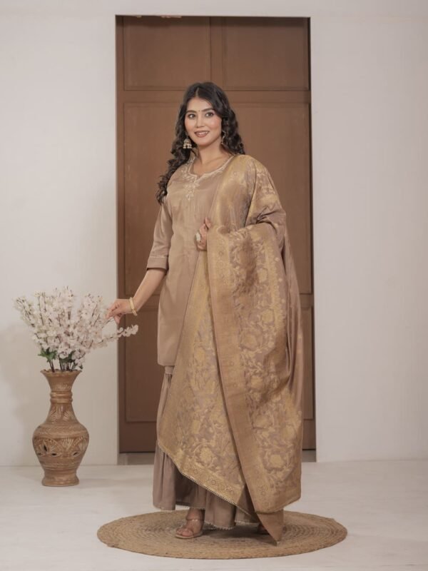 Golden Simar Silk Embroidered Sharara Suit Set ethnic wear for women, festive ethnic wear, festive suit set, lightweight silk blend suit, silk blend suit set, silk kurta set, women’s silk suit Golden Simar Silk Embroidered Sharara Suit Set ethnic wear for women, festive ethnic wear, festive suit set, lightweight silk blend suit, silk blend suit set, silk kurta set, women’s silk suit