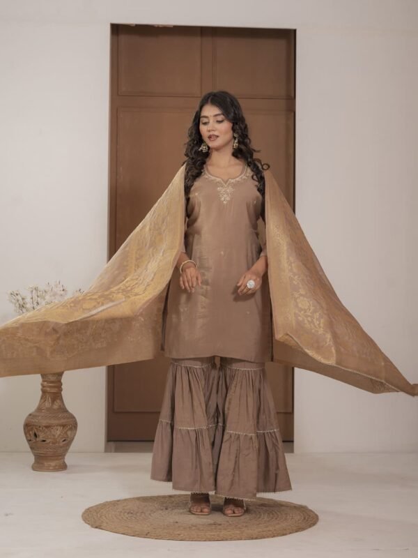 Golden Simar Silk Embroidered Sharara Suit Set ethnic wear for women, festive ethnic wear, festive suit set, lightweight silk blend suit, silk blend suit set, silk kurta set, women’s silk suit Golden Simar Silk Embroidered Sharara Suit Set ethnic wear for women, festive ethnic wear, festive suit set, lightweight silk blend suit, silk blend suit set, silk kurta set, women’s silk suit