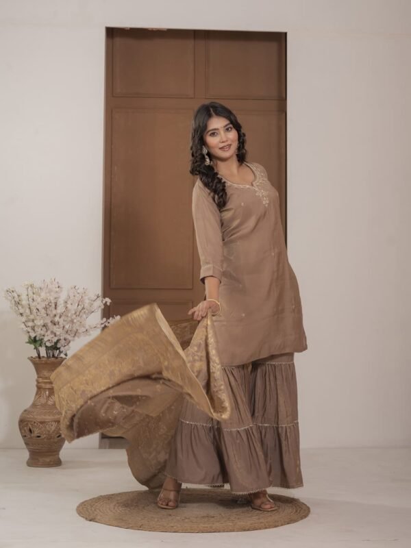 Golden Simar Silk Embroidered Sharara Suit Set ethnic wear for women, festive ethnic wear, festive suit set, lightweight silk blend suit, silk blend suit set, silk kurta set, women’s silk suit Golden Simar Silk Embroidered Sharara Suit Set ethnic wear for women, festive ethnic wear, festive suit set, lightweight silk blend suit, silk blend suit set, silk kurta set, women’s silk suit