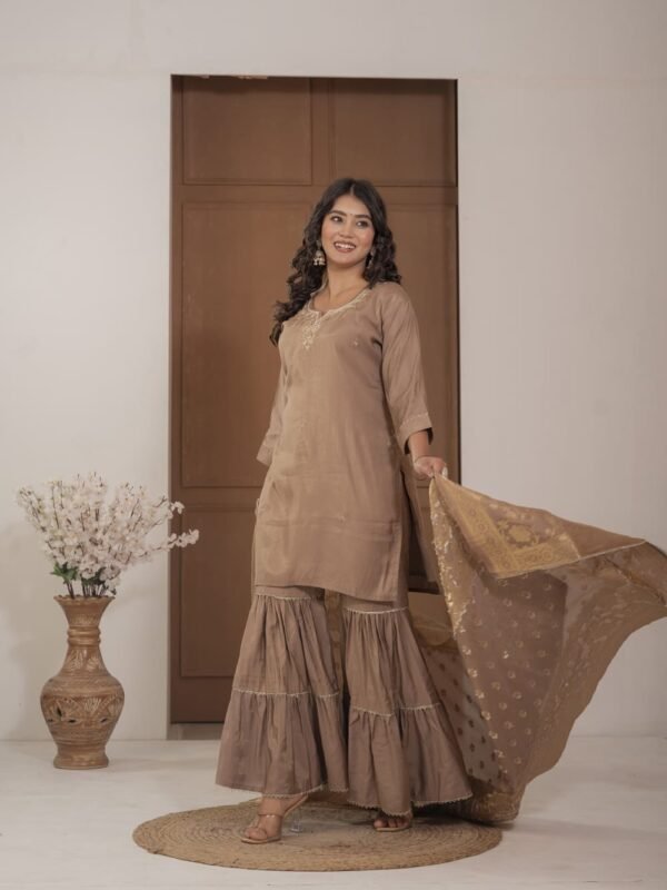 Golden Simar Silk Embroidered Sharara Suit Set ethnic wear for women, festive ethnic wear, festive suit set, lightweight silk blend suit, silk blend suit set, silk kurta set, women’s silk suit Golden Simar Silk Embroidered Sharara Suit Set ethnic wear for women, festive ethnic wear, festive suit set, lightweight silk blend suit, silk blend suit set, silk kurta set, women’s silk suit