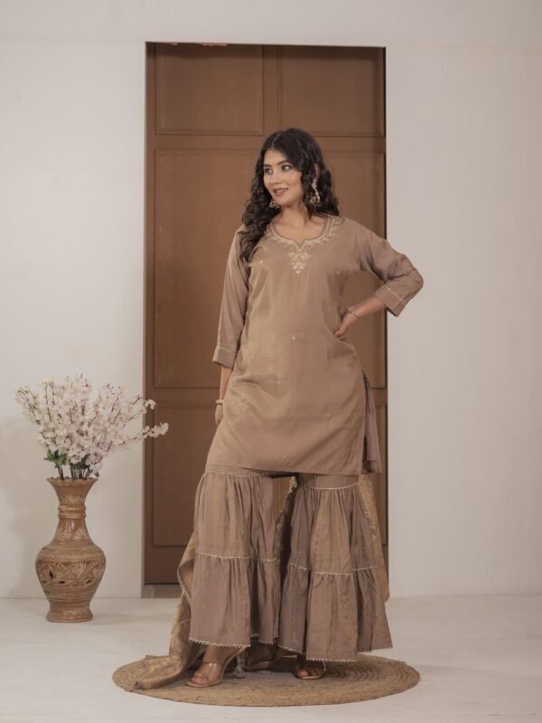 Golden Simar Silk Embroidered Sharara Suit Set ethnic wear for women, festive ethnic wear, festive suit set, lightweight silk blend suit, silk blend suit set, silk kurta set, women’s silk suit Golden Simar Silk Embroidered Sharara Suit Set ethnic wear for women, festive ethnic wear, festive suit set, lightweight silk blend suit, silk blend suit set, silk kurta set, women’s silk suit