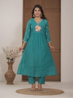 Firoji Mulchanderi A-Line Suit Set ethnic wear for women, festive ethnic wear, festive suit set, lightweight silk blend suit, silk blend suit set, silk kurta set, women’s silk suit 