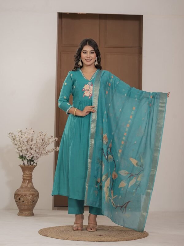 Firoji Mulchanderi A-Line Suit Set ethnic wear for women, festive ethnic wear, festive suit set, lightweight silk blend suit, silk blend suit set, silk kurta set, women’s silk suit 