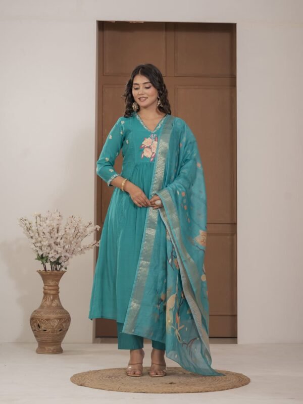 Firoji Mulchanderi A-Line Suit Set ethnic wear for women, festive ethnic wear, festive suit set, lightweight silk blend suit, silk blend suit set, silk kurta set, women’s silk suit 